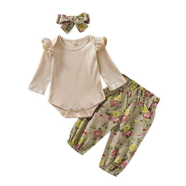 Girl's Clothing Khaki / 3M Long Sleeve Flower Romper Outfit