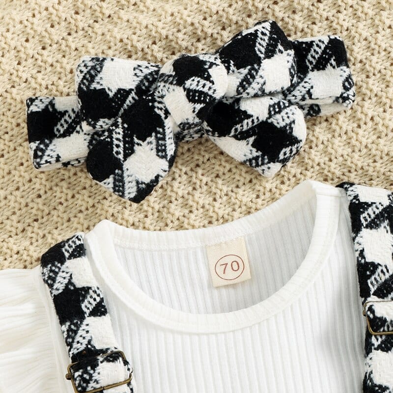 Long Sleeve Ruffled Romper + Plaid Print Suspender Skirt