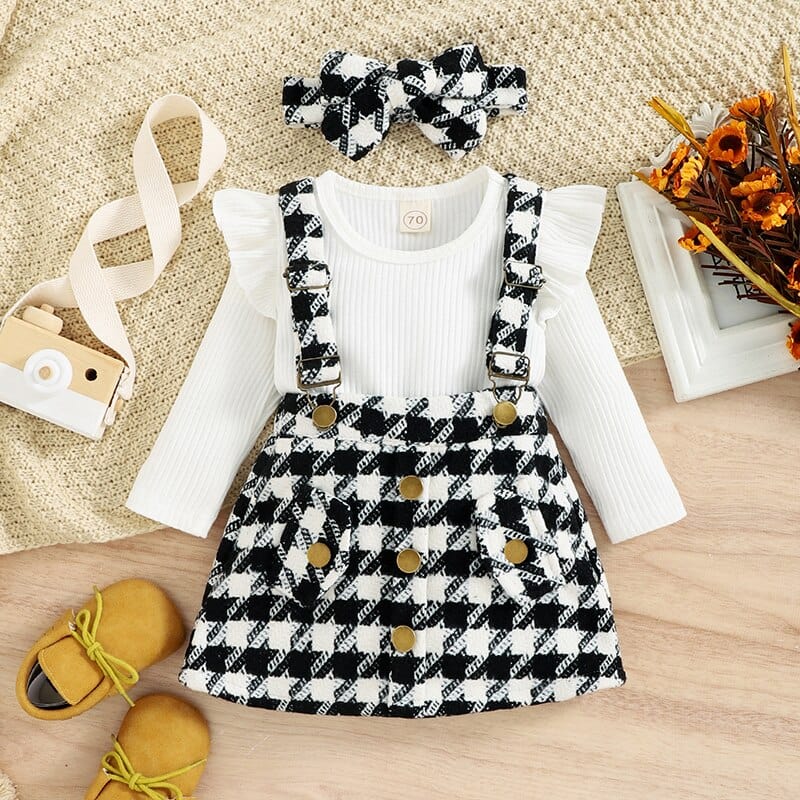 Long Sleeve Ruffled Romper + Plaid Print Suspender Skirt