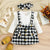 Long Sleeve Ruffled Romper + Plaid Print Suspender Skirt