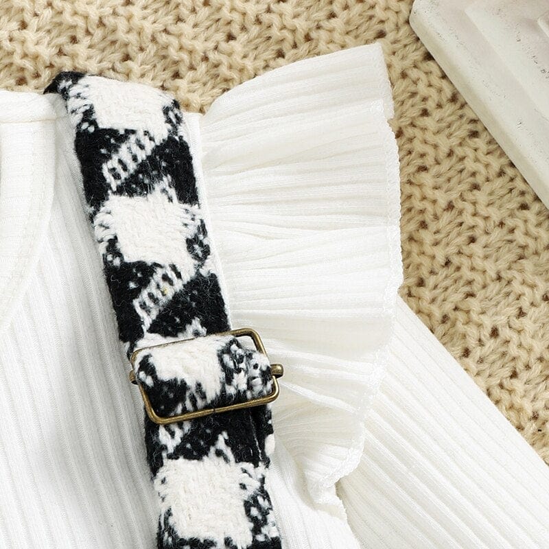 Long Sleeve Ruffled Romper + Plaid Print Suspender Skirt