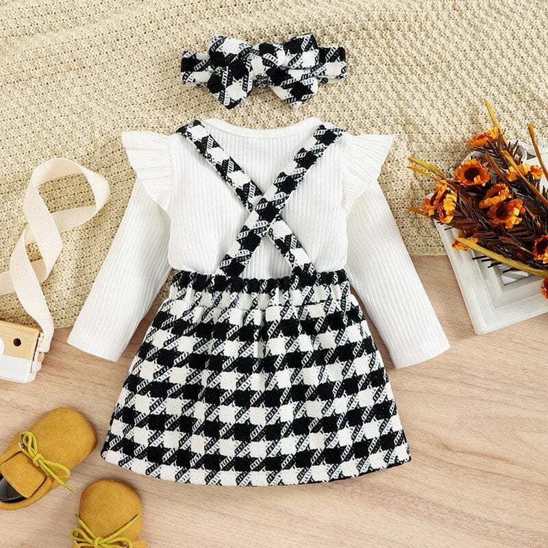 Long Sleeve Ruffled Romper + Plaid Print Suspender Skirt