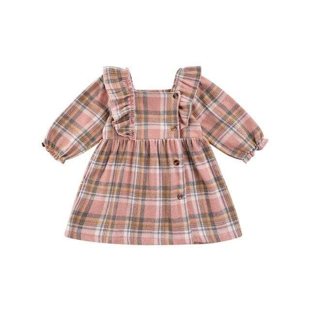 Plaid Ruffle Long Sleeve Dress, Pink / 12M