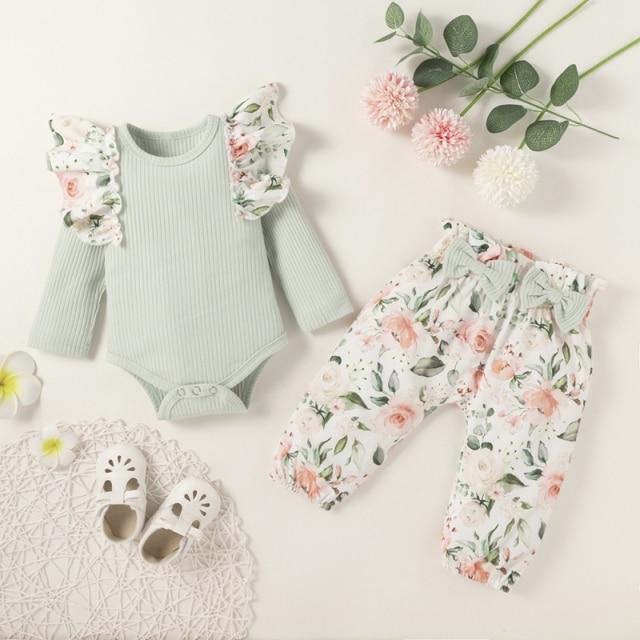 G / 3-6M / CN Long Sleeve Solid Bodysuit + Floral Print Pants