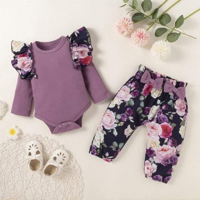 Z / 9-12M / CN Long Sleeve Solid Bodysuit + Floral Print Pants