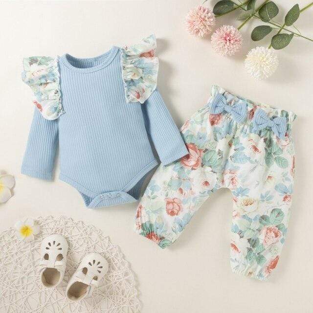 L / 9-12M / CN Long Sleeve Solid Bodysuit + Floral Print Pants