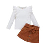 A / 3T / United States Long Sleeve Solid Color Tops Bowknot Elastic Waist Buttoned Thigh Skirt