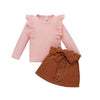 B / 4T / United States Long Sleeve Solid Color Tops Bowknot Elastic Waist Buttoned Thigh Skirt