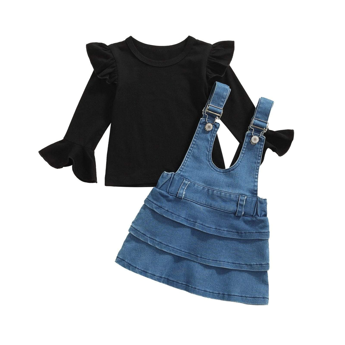 Long Sleeve Tops + Denim Suspender Skir6