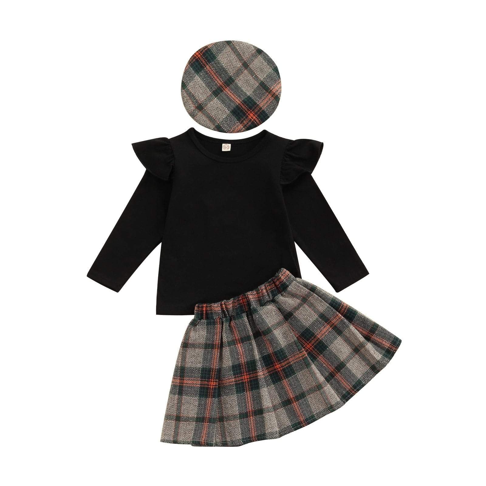 Girl's Clothing Long Sleeve Tops + Skirt + Hat, Plaid Print Ruffle