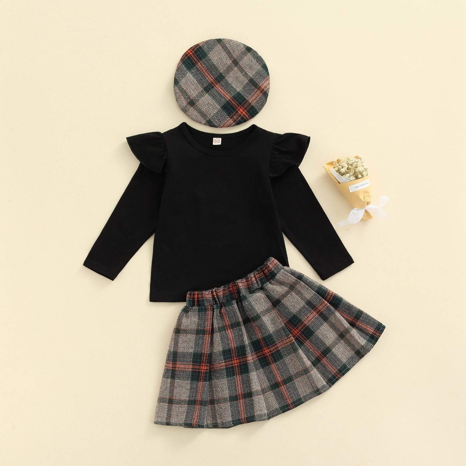 Girl's Clothing 2T Long Sleeve Tops + Skirt + Hat, Plaid Print Ruffle