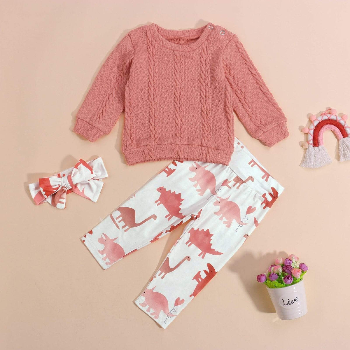 Girl's Clothing Long Sleeves Knit Sweater + Dinosaur Print Pants