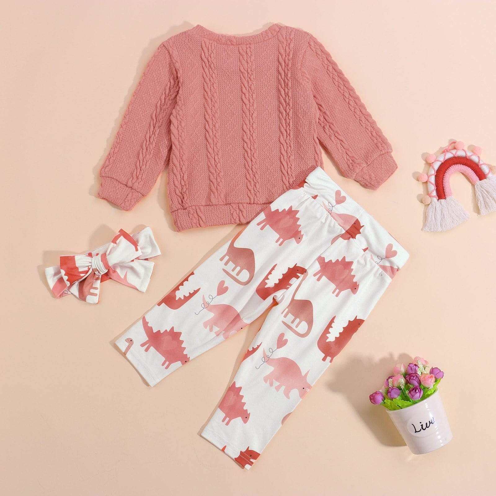 Girl's Clothing 3T Long Sleeves Knit Sweater + Dinosaur Print Pants