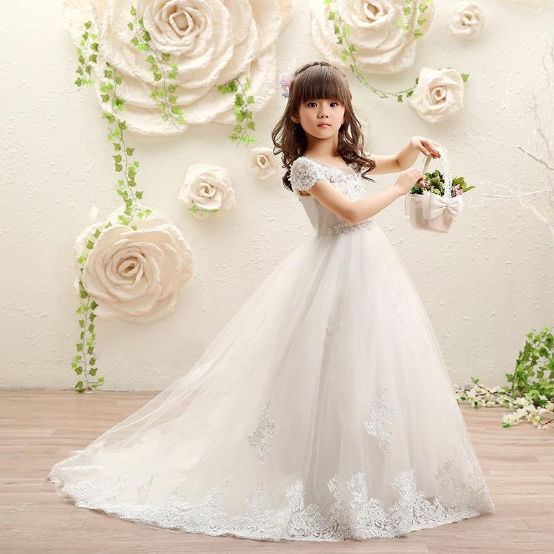 Long Train Lace Flower Girl Dress - Momorii Long Train Lace Flower Girl Dress - Momorii