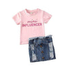 Pink / 24M 0-6Y Fashion Infant Baby Girls Clothes Sets Letter Print Short Sleeve T Shirts Tops+Denim Button Skirts Set Summer Clothing
