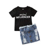Black / 6T 0-6Y Fashion Infant Baby Girls Clothes Sets Letter Print Short Sleeve T Shirts Tops+Denim Button Skirts Set Summer Clothing