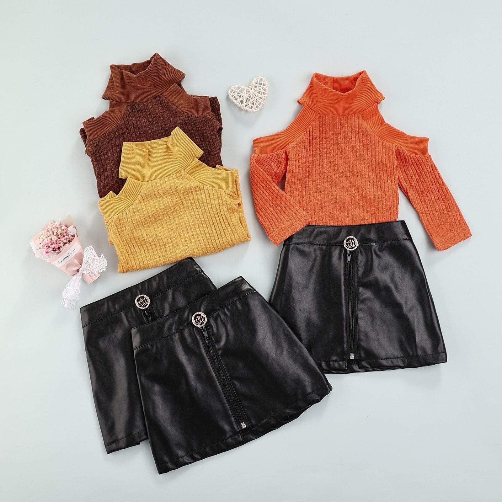 Girl's Clothing Off Shoulder Sweater+ Leather Skirt