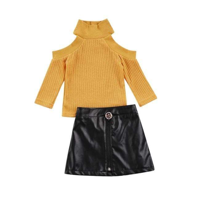 Girl's Clothing Yellow / 5T Off Shoulder Sweater+ Leather Skirt