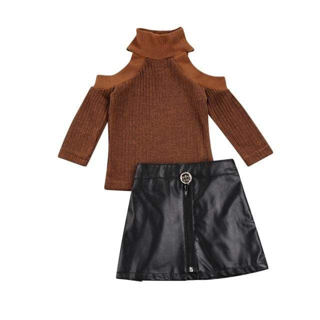 Girl's Clothing Brown / 2T Off Shoulder Sweater+ Leather Skirt