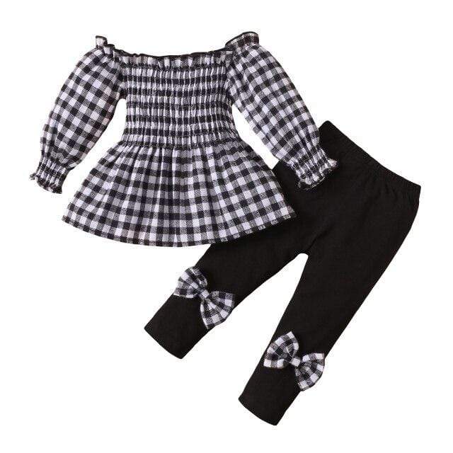 black / 5T Off Shoulder T-Shirts Tops + Bow Trousers Pants