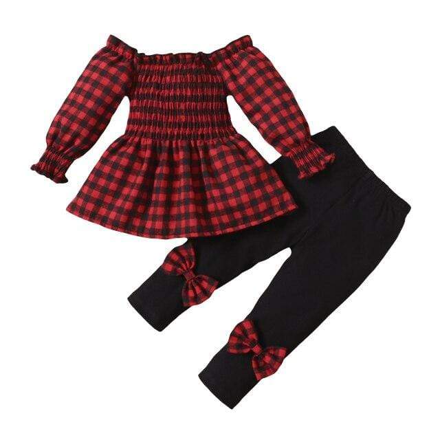 Red / 5T Off Shoulder T-Shirts Tops + Bow Trousers Pants