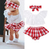 Girl&#39;s Clothing Off Shoulder Tops with Plaid Short Dress and Headband