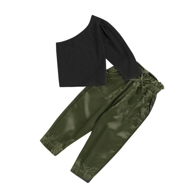 Girl's Clothing Army Green / 7T One Shoulder Solid Tops Elastic Pants