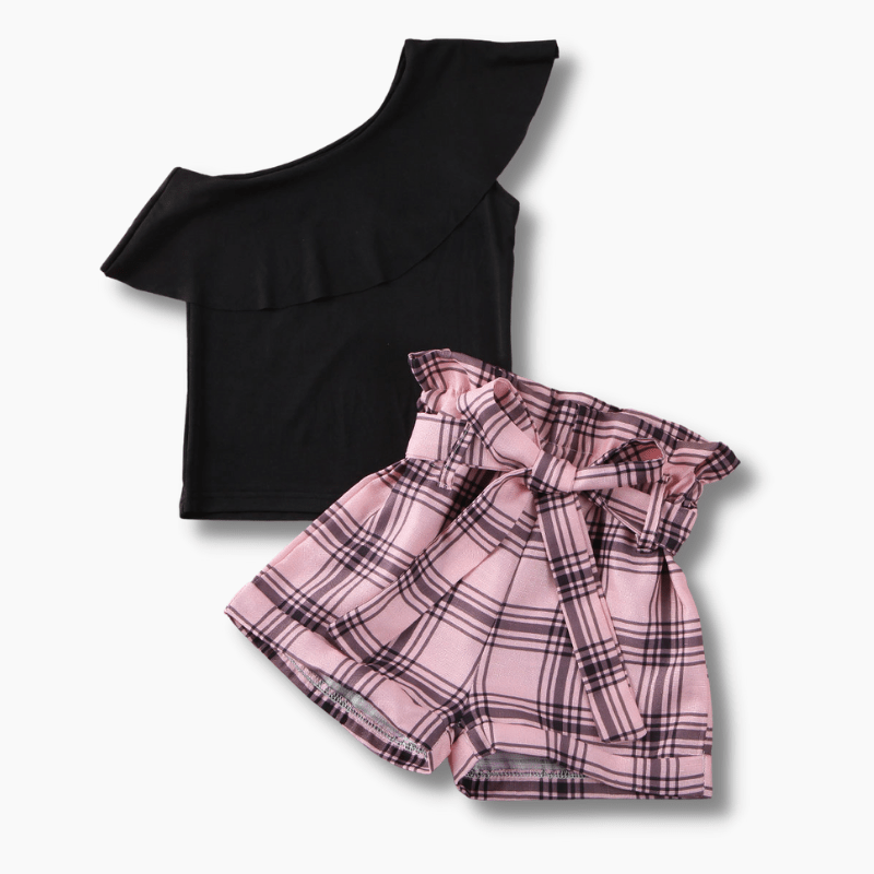 Girl's Clothing One Shoulder Top Plaid Shorts