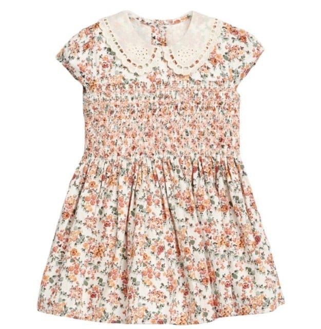 S0806 / 2T Orange Floral Print Smocked Dress