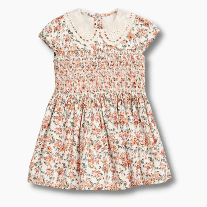 Orange Floral Print Smocked Dress