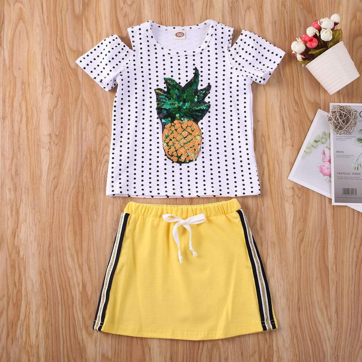 Girl's Clothing Pineapple Print Top T-shirt Bottom Skirts Outfit