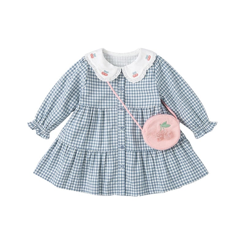 gray blue / 3Y (90cm) plaid dress with a small bag