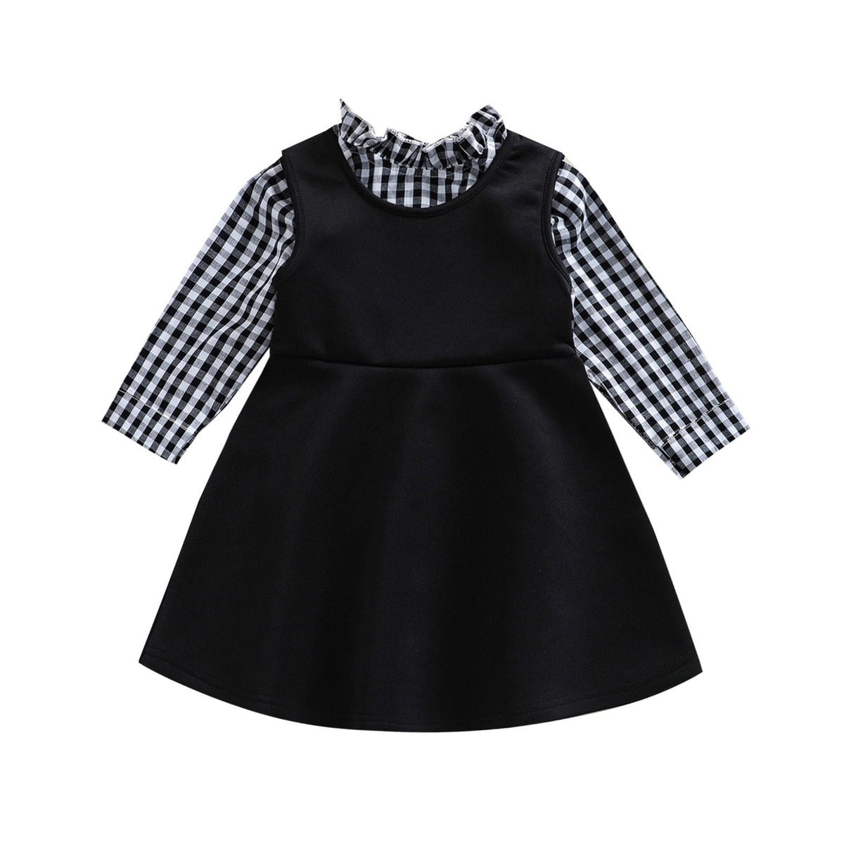 Girl's Clothing Plaid Printed Long Sleeve T Shirts+Solid Sundress Set