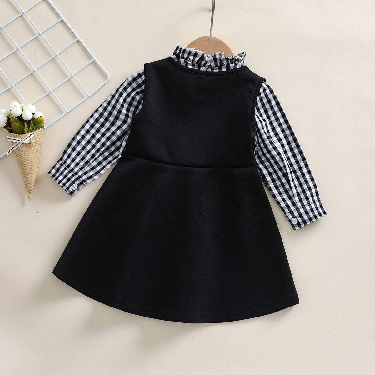 Girl's Clothing Plaid Printed Long Sleeve T Shirts+Solid Sundress Set