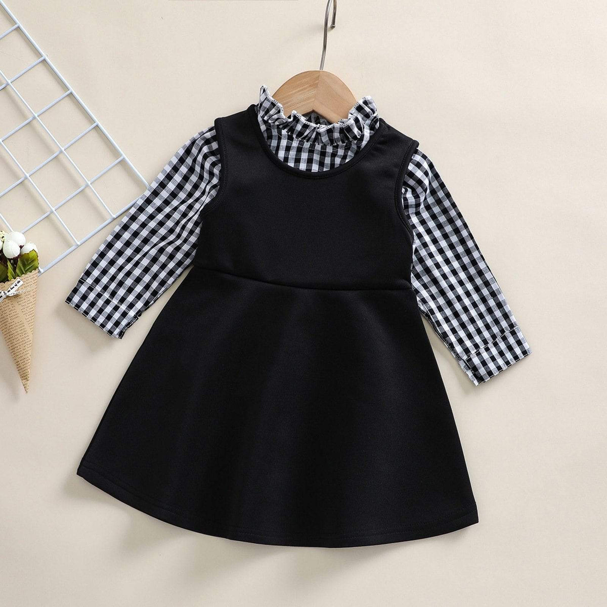 Girl's Clothing Plaid Printed Long Sleeve T Shirts+Solid Sundress Set