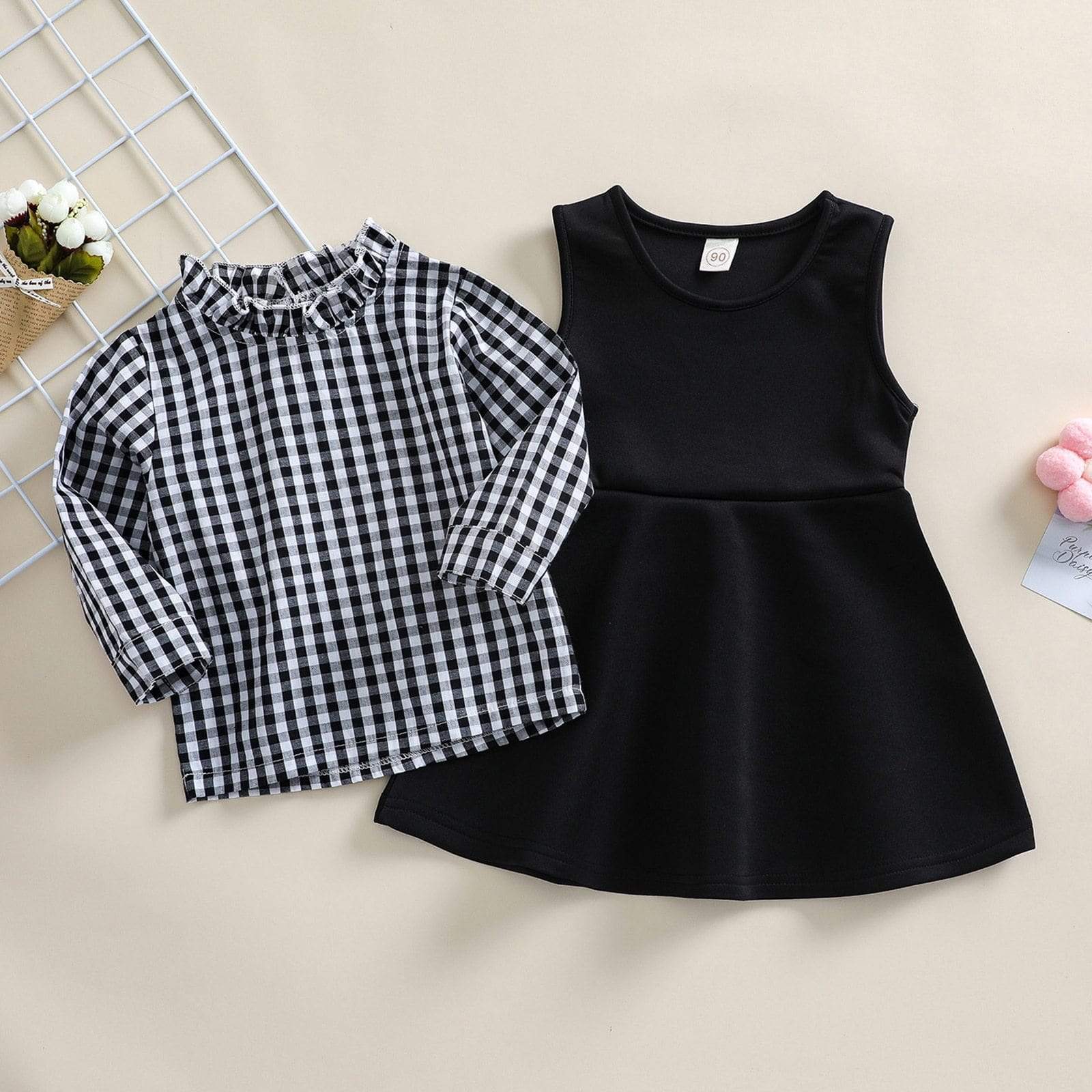 Girl's Clothing 2T Plaid Printed Long Sleeve T Shirts+Solid Sundress Set