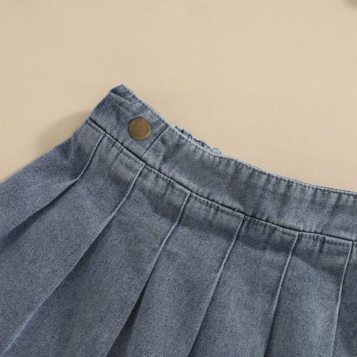 Girl's Clothing Puff Long Sleeve Tops Denim Ruffles Pleated Skirt