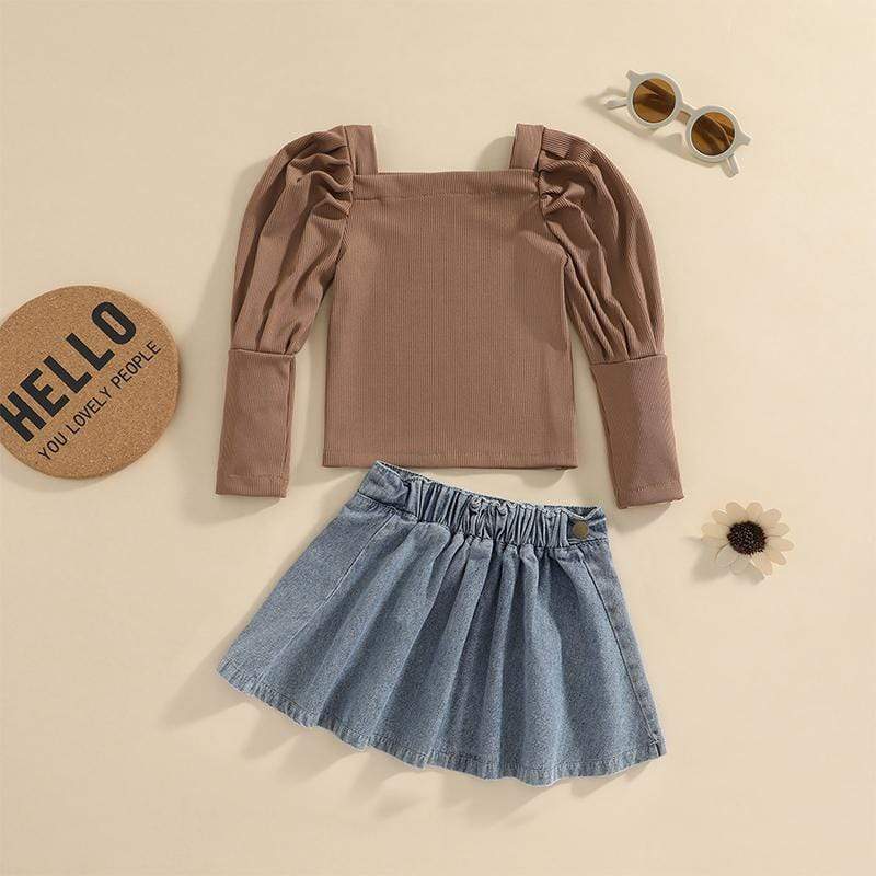 Girl's Clothing Puff Long Sleeve Tops Denim Ruffles Pleated Skirt