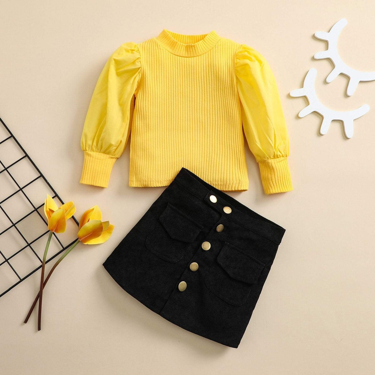Girl's Clothing Puff Sleeve Knit Pullover Tops Button A-Line Skirts
