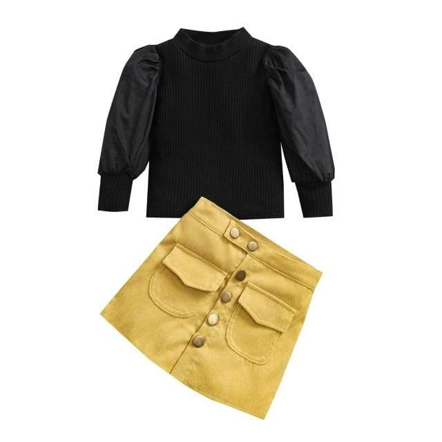 Girl's Clothing black / 4T Puff Sleeve Knit Pullover Tops Button A-Line Skirts