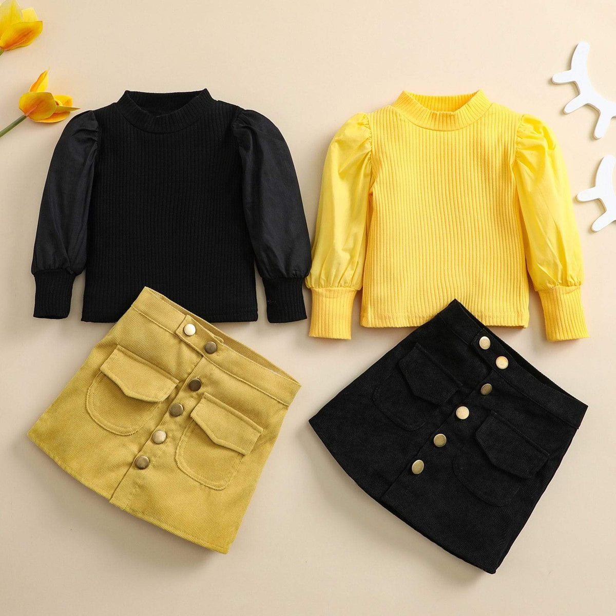 Girl's Clothing Puff Sleeve Knit Pullover Tops Button A-Line Skirts