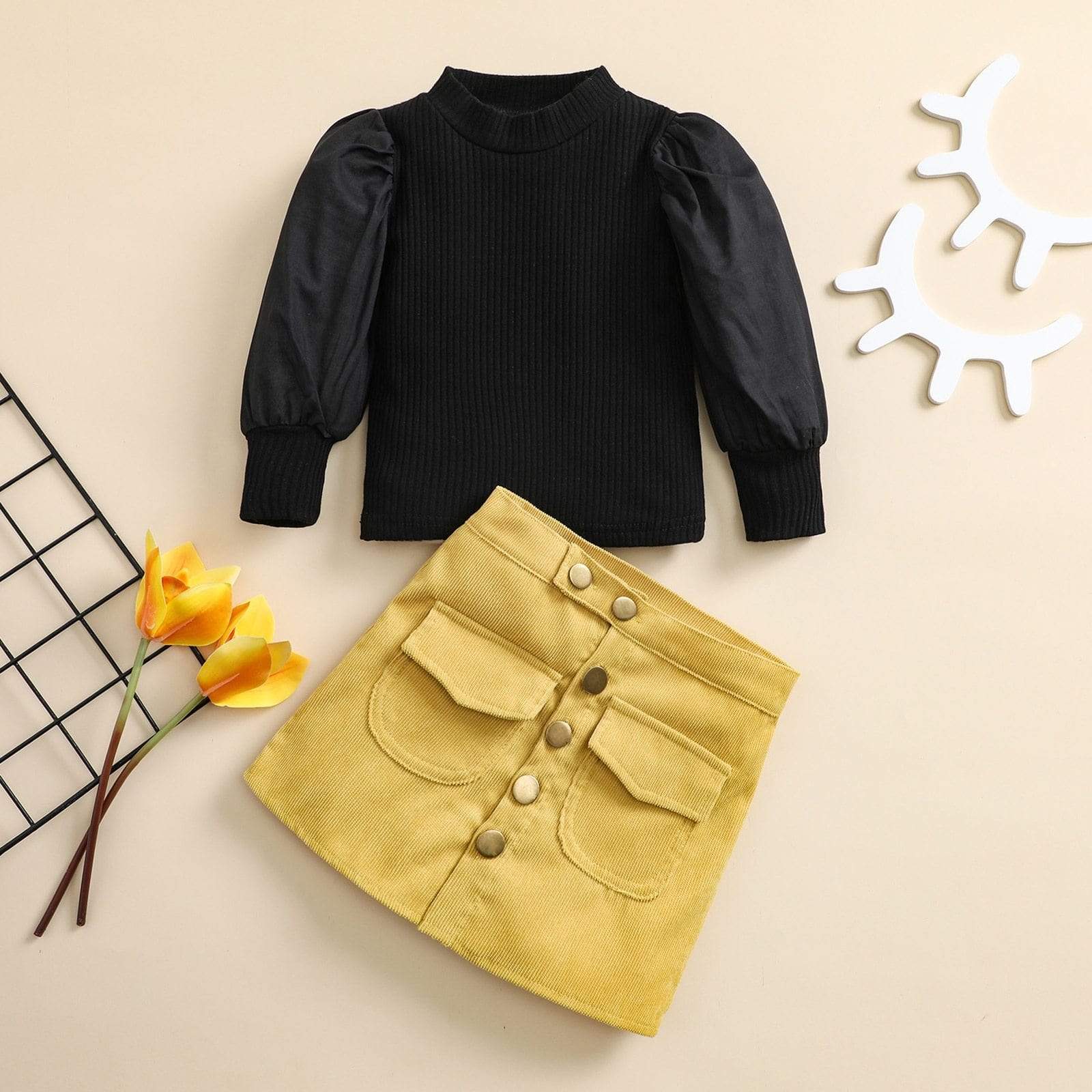 Girl's Clothing Puff Sleeve Knit Pullover Tops Button A-Line Skirts