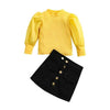 Girl&#39;s Clothing Yellow / 4T Puff Sleeve Knit Pullover Tops Button A-Line Skirts