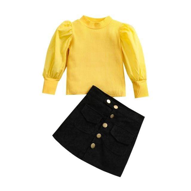 Girl's Clothing Yellow / 4T Puff Sleeve Knit Pullover Tops Button A-Line Skirts