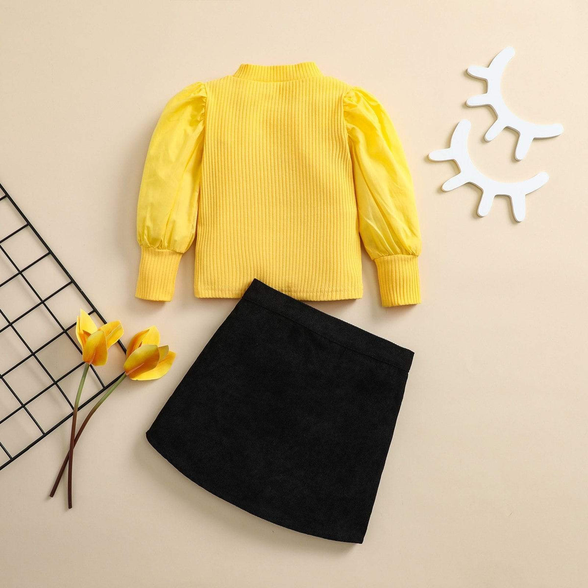 Girl's Clothing Puff Sleeve Knit Pullover Tops Button A-Line Skirts