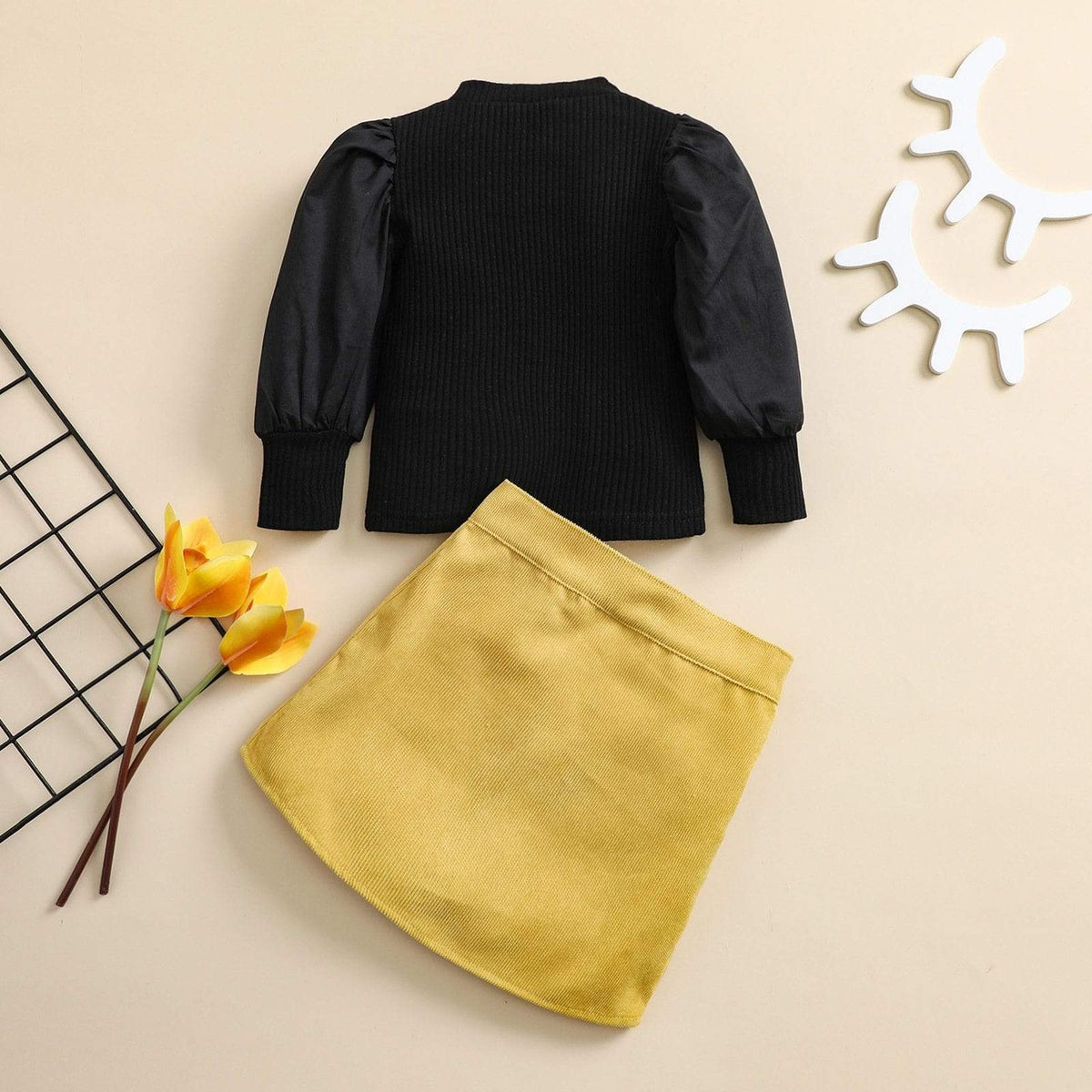 Girl's Clothing Puff Sleeve Knit Pullover Tops Button A-Line Skirts