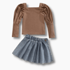 Girl&#39;s Clothing Puff Sleeve Tops and Denim Skirt