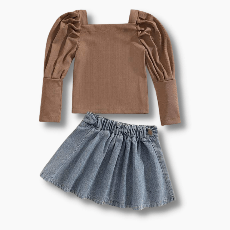 Girl's Clothing Puff Sleeve Tops and Denim Skirt
