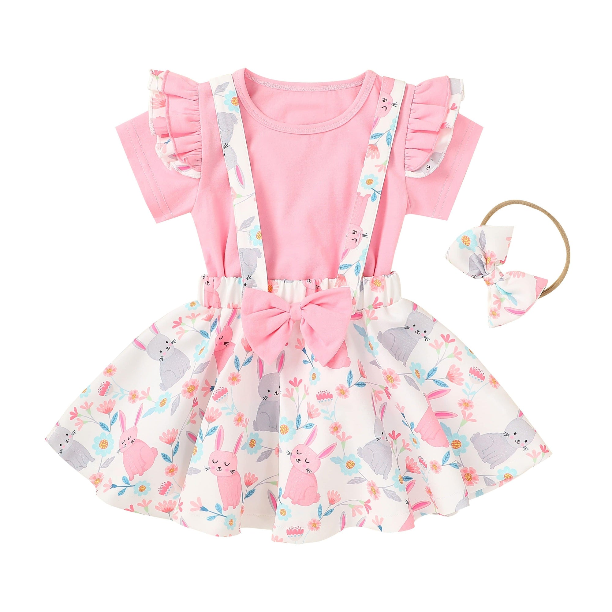 Girl's Clothing Rabbit Print Bow Strap Dress