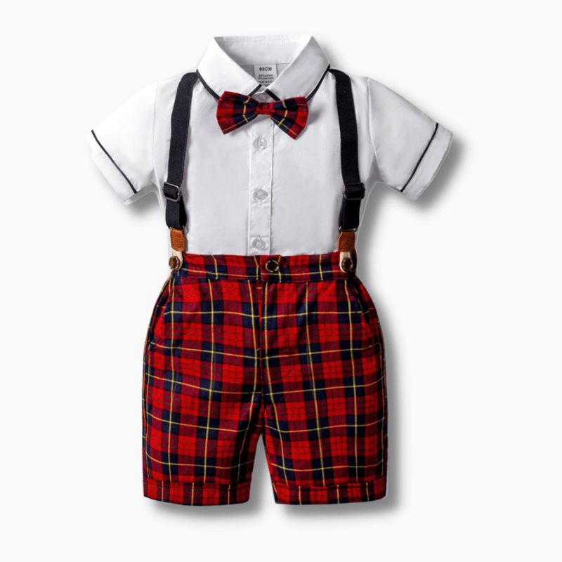 Red Plaid Suspender Shorts Outfit